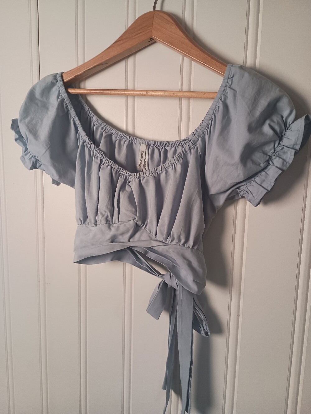 Live 4 Truth- Light Blue Women's Tie-Back Puff Sleeve Crop Top- Size S